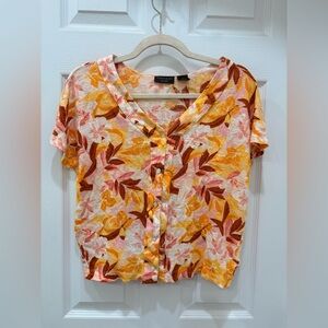 Tahari Linen Floral Tropical Print Short Sleeve V-Neck Blouse Size M